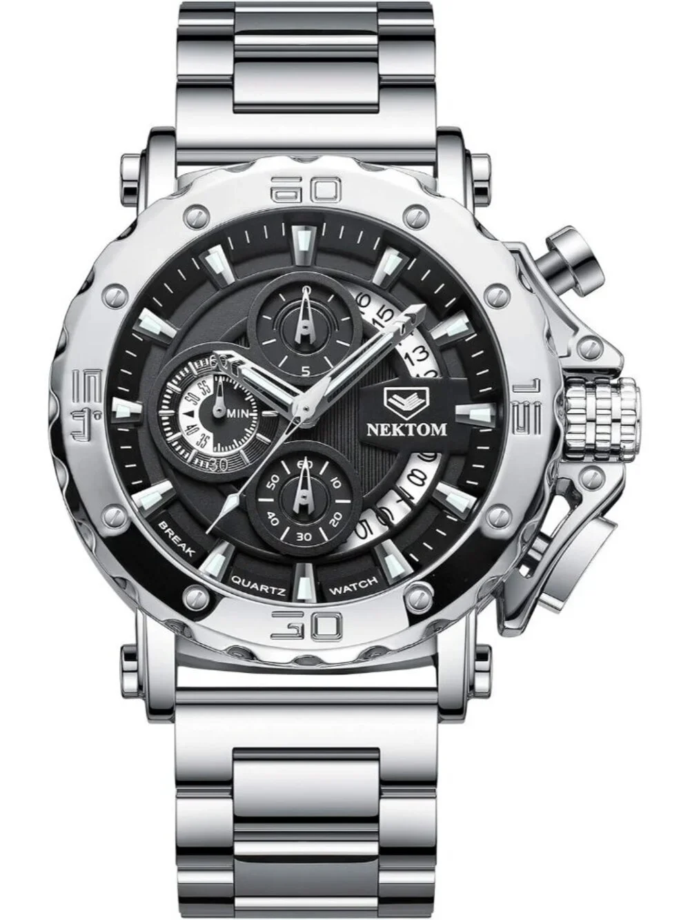 Men Silver Stainless Steel Analog Chronograph 3ATM Waterproof Luxury Wrist Watch
